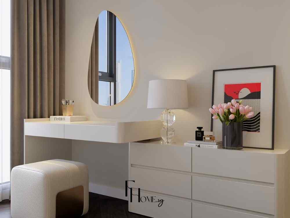 Góc bàn trang điểm hiện đại với bàn trắng, gương dáng tự do viền đèn LED