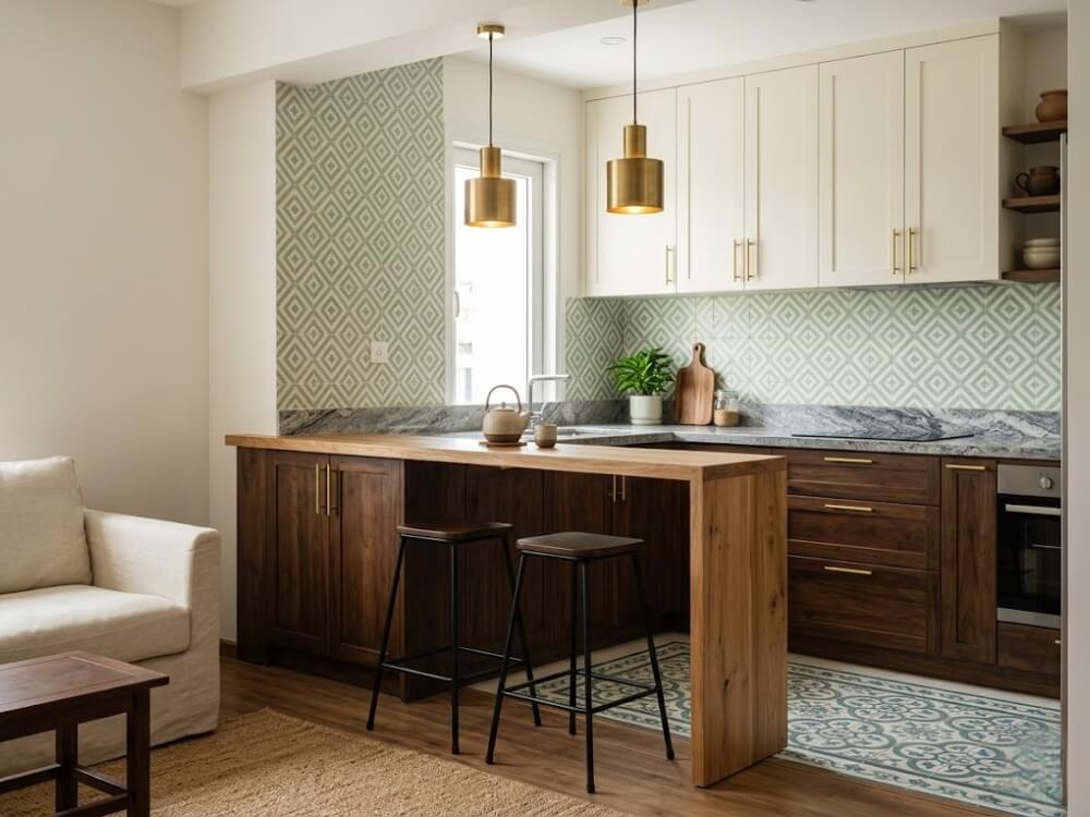 Góc bếp chung cư 77m2 phong cách Indochine gạch bông backsplash tủ bếp gỗ nâu đèn thả đồng thau