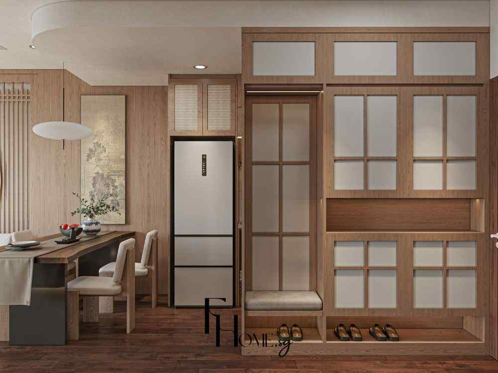 Góc bếp Japandi kết hợp vách gỗ kính mờ, bàn ăn dài