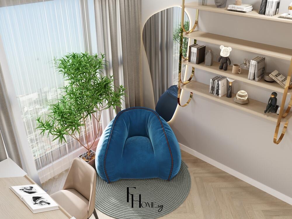 Góc đọc sách tối giản với ghế lười xanh, kệ gỗ và cửa sổ lớn ngập sáng