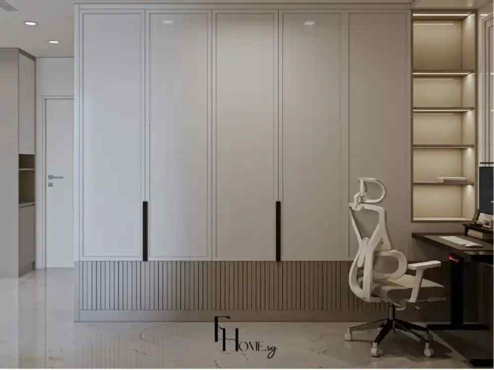 Góc làm việc căn hộ 55m² với tủ trắng xám, sàn lát đá sáng bóng, bàn làm việc liền kệ sách âm tường
