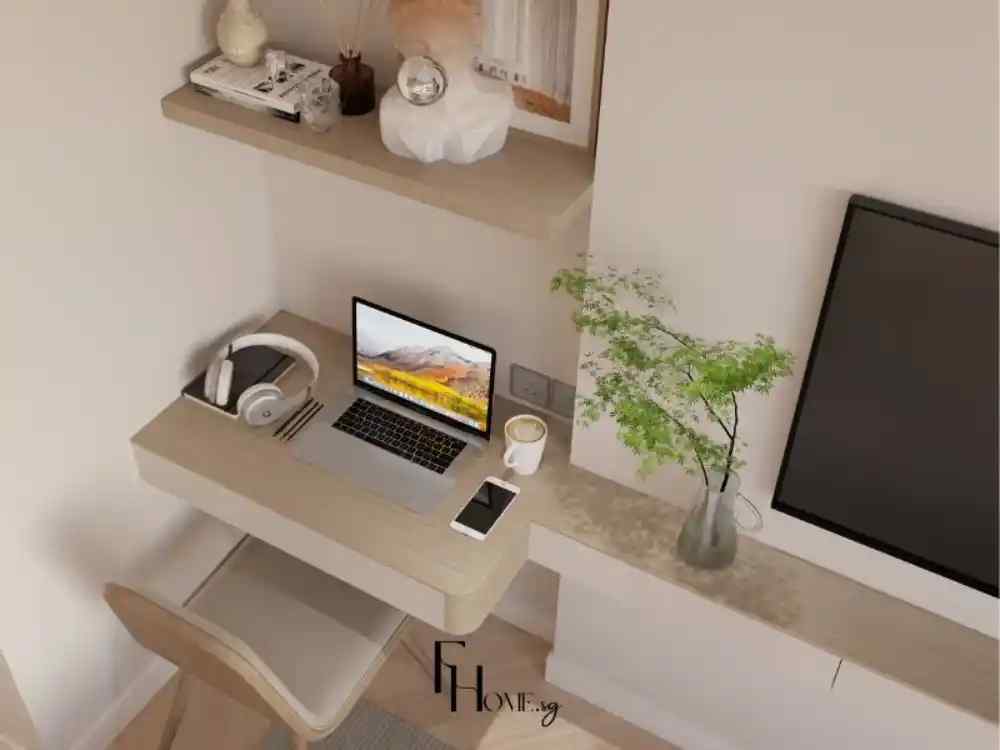 Góc làm việc phong cách tối giản với bàn gỗ sáng và kệ gỗ nhỏ phía trên