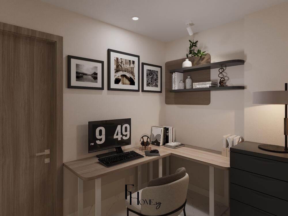 Góc làm việc tối giản với bàn gỗ chữ L, kệ trang trí và tranh treo tường nghệ thuật