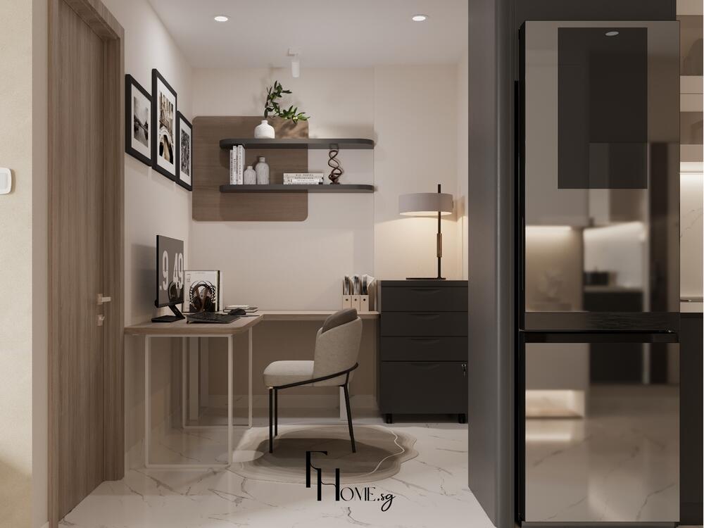 Góc làm việc tối giản với bàn gỗ sáng, kệ nổi trang trí và đèn sàn ánh vàng ấm