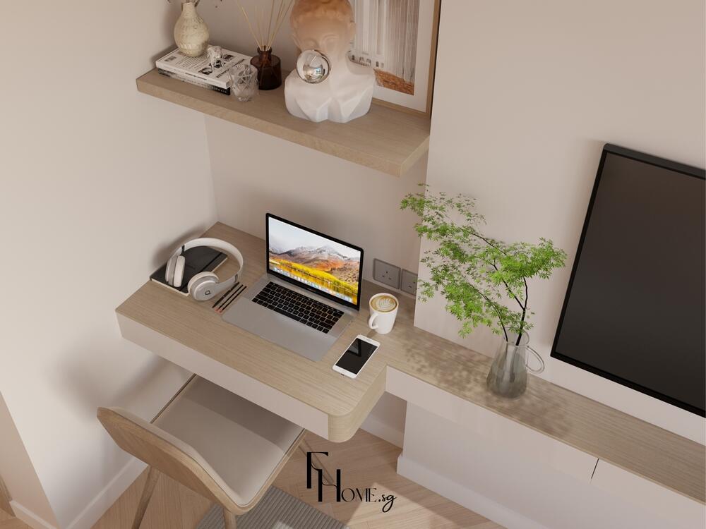Góc làm việc tối giản với bàn gỗ treo tường, laptop và kệ trang trí nhỏ gọn