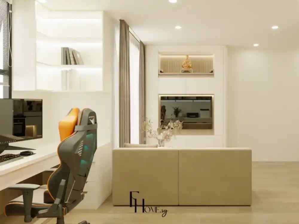 Góc làm việc và giải trí hiện đại với ghế gaming, bàn làm việc rộng và kệ tủ âm tường tinh tế