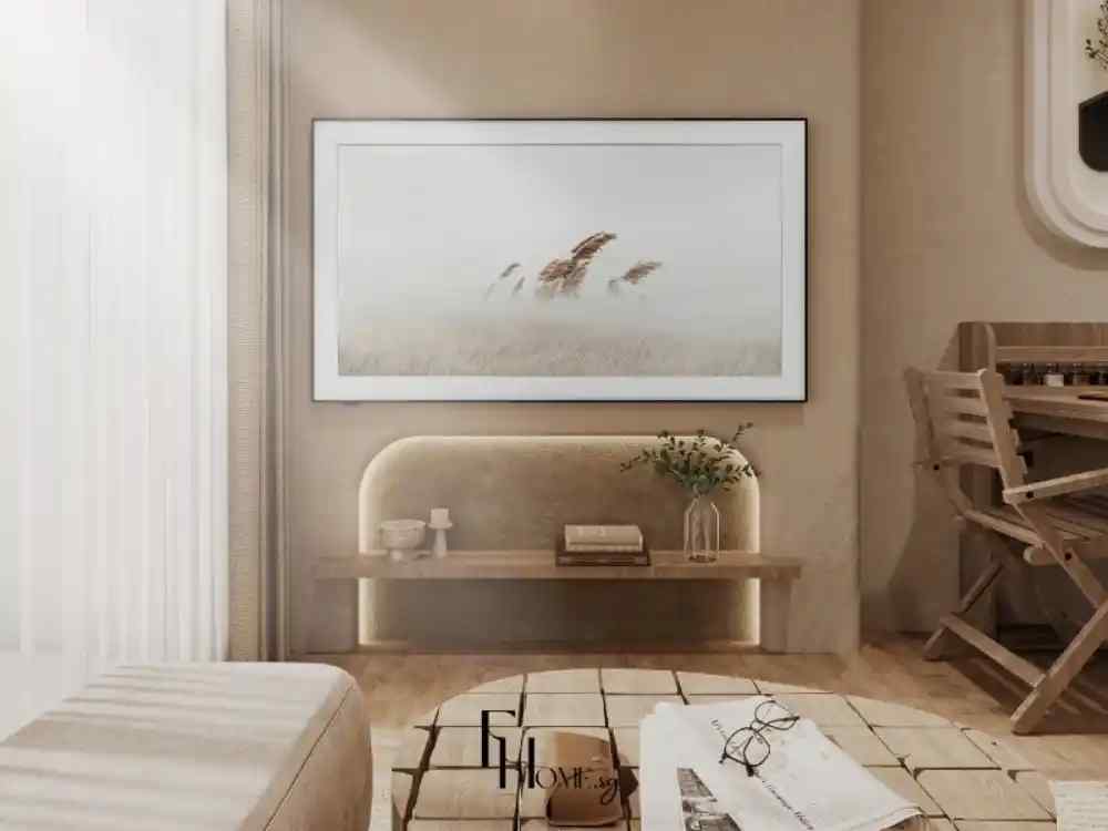 Góc phòng khách Wabi Sabi tông be, kệ gỗ âm tường, tranh nghệ thuật và bàn trà mộc.