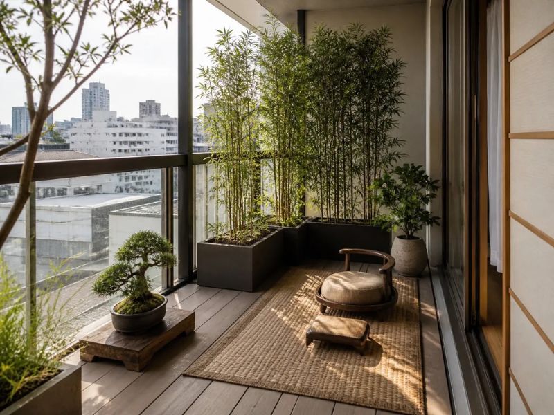 góc thiền ban công phong cách Nhật Bản bonsai tre thảm lác ghế thấp