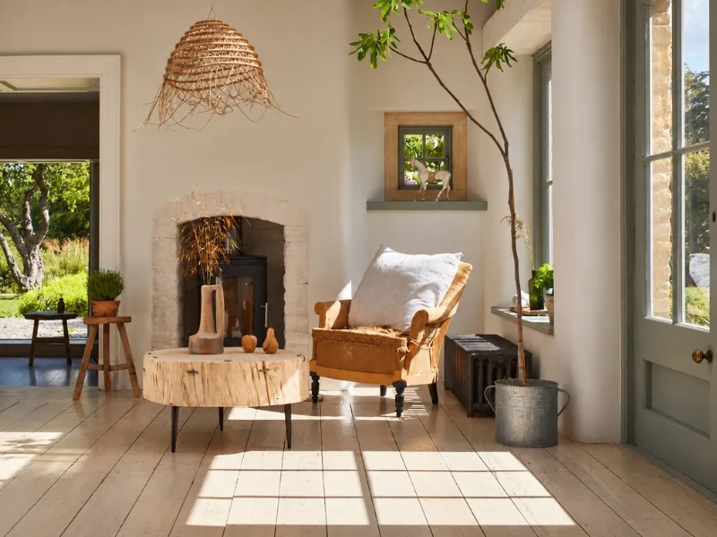 Góc thư giãn phong cách Wabi Sabi đặt ghế gỗ cạnh tường vữa loang dưới ánh nắng tự nhiên.