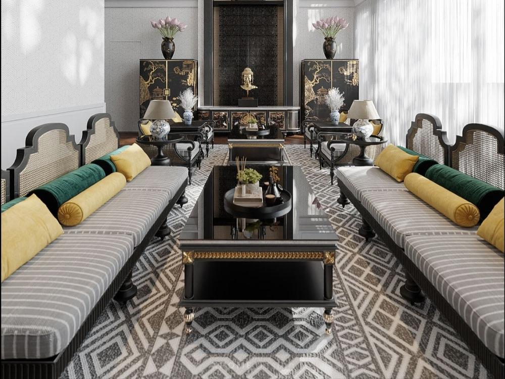 Phòng khách thiết kế sàn nhà với hoa văn hiện đại