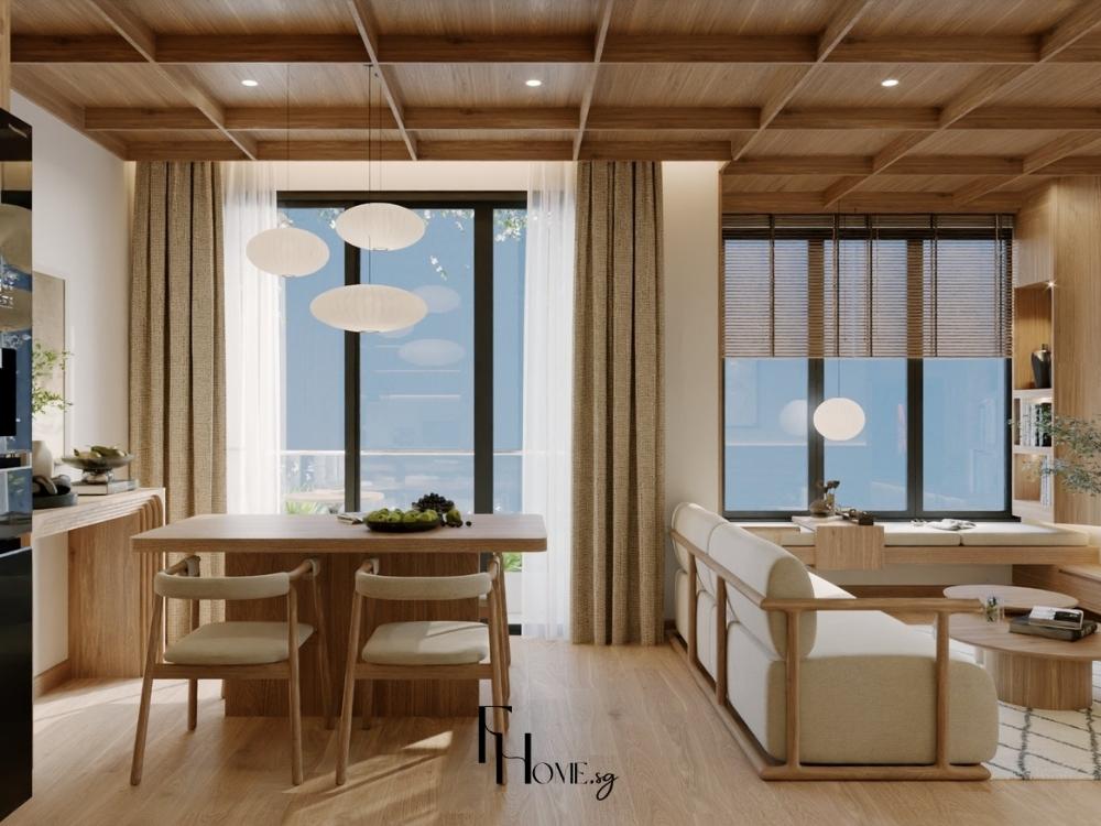 Phòng khách phong cách Japandi liên thông phòng bếp