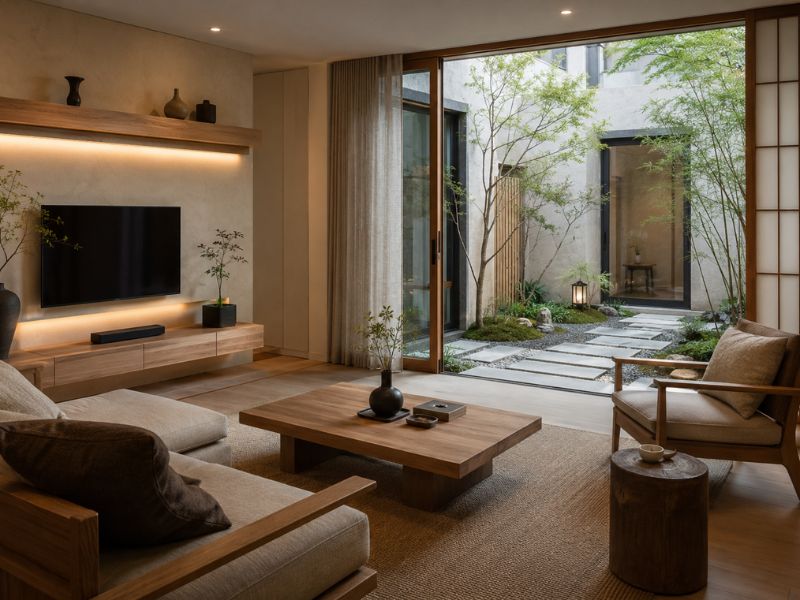 Phòng khách phong cách thiết kế nội thất chung cư Zen nhìn ra sân vườn nhỏ, sử dụng bàn trà gỗ, ghế thư giãn và vật liệu tự nhiên