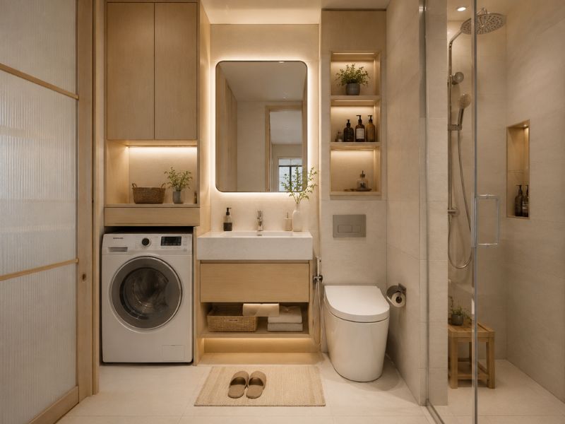 Thiết kế nội thất phòng tắm Nhật Bản nhỏ được bố trí gọn với vách kính, tủ treo và gam màu sáng để dễ vệ sinh