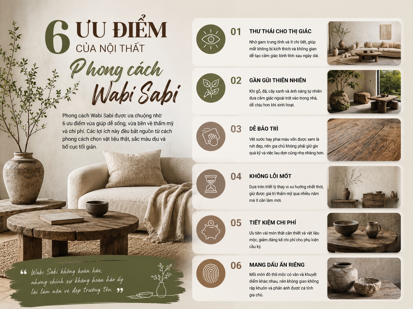 6 ưu điểm của nội thất phong cách Wabi Sabi