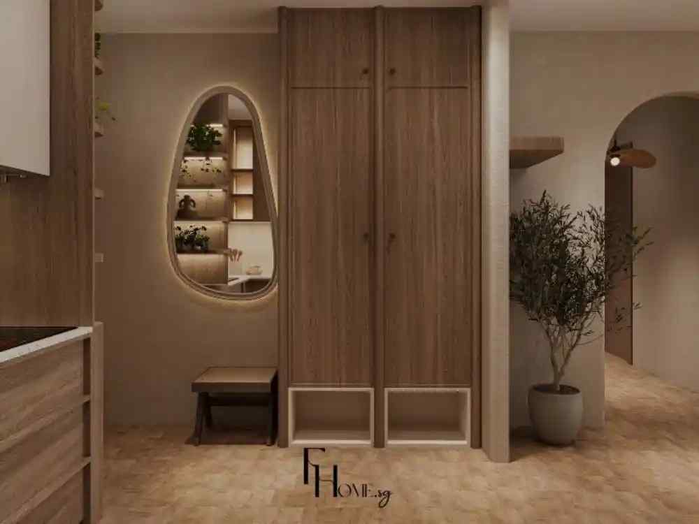 Không gian bếp – hành lang phong cách Wabi Sabi với tông màu nâu đất, tủ gỗ tự nhiên, gương bo tròn