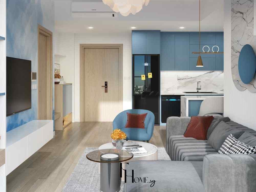 Không gian bếp hiện đại, tủ bếp xanh navy, đèn thả kim loại vàng đồng