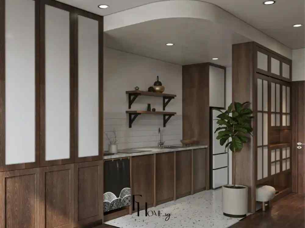 Không gian bếp mang phong cách Nhật với gỗ tối màu, kệ mở tối giản và cây xanh tạo điểm nhấn tự nhiên.