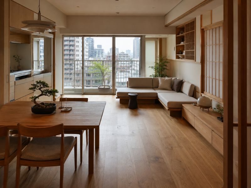 không gian chung cư nội thất phong cách Nhật Bản triết lý Ma sofa thấp sàn gỗ thoáng
