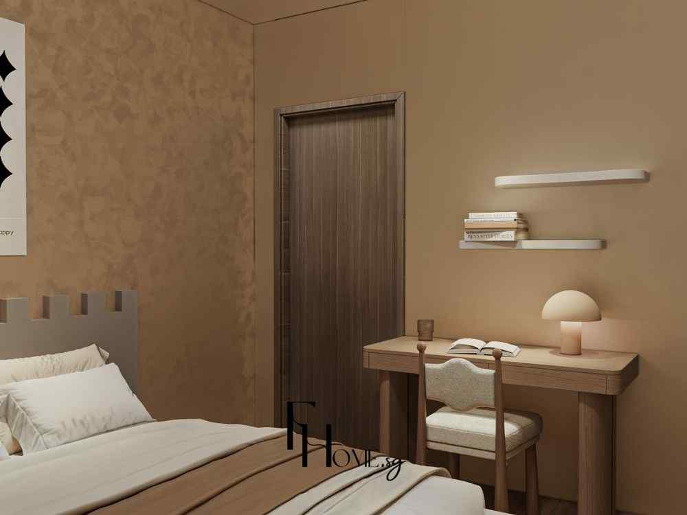 Không gian Farmhouse tối giản với bàn gỗ mộc, ghế đệm vải sáng, kệ treo trang trí