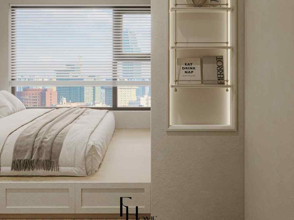 Không gian giường ngủ Wabi Sabi cạnh cửa sổ rộng, chăn mền vải lanh be