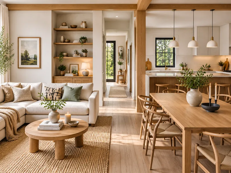 Không gian khách ăn phong cách Japandi sử dụng sofa kem cùng bàn ghế gỗ sáng và kệ mở.
