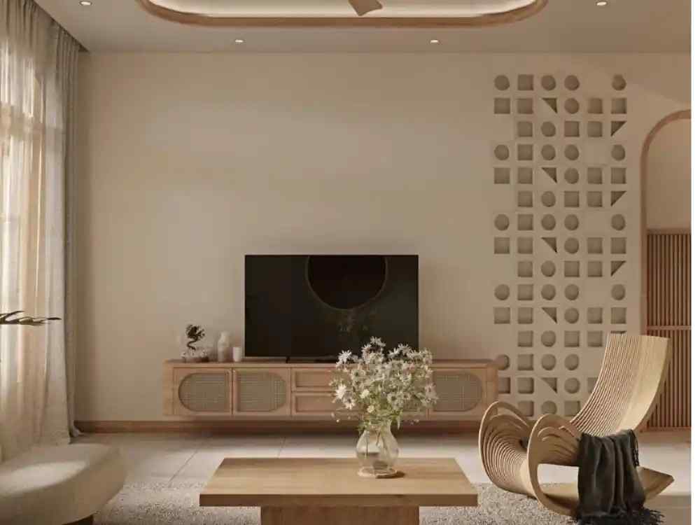 Không gian Japandi tối giản, tường ốp gạch hoa văn, ghế gỗ uốn cong và bàn vuông tự nhiên