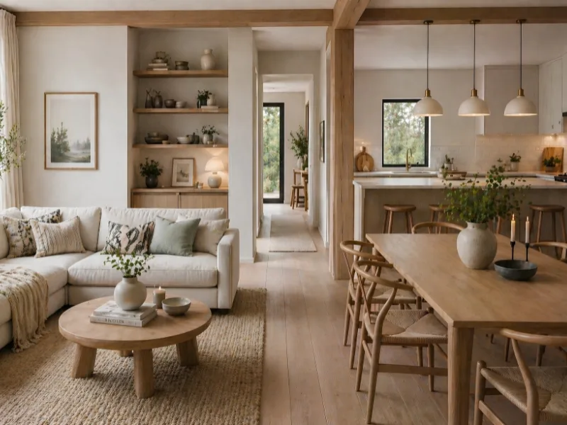 Không gian khách ăn phong cách Bắc Âu liên thông với nội thất gỗ sáng và sofa màu kem.