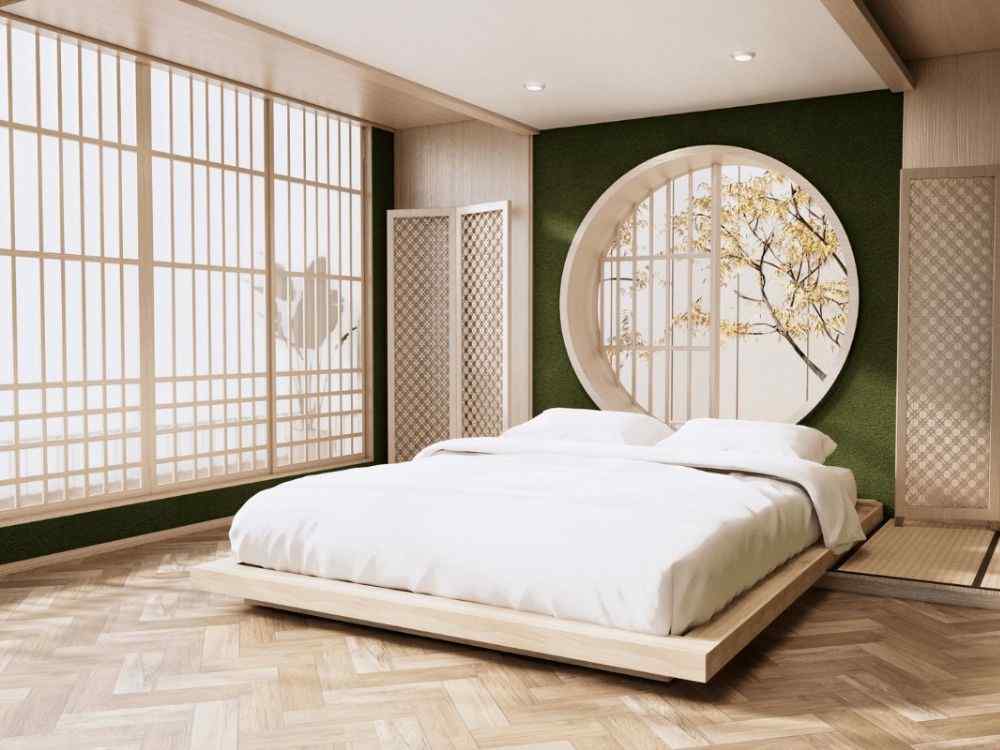 Không gian ngủ Nhật Bản tối giản, giường thấp cạnh cửa shoji, điểm nhấn tường tròn