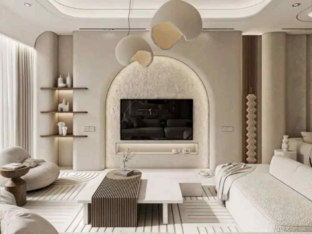 Không gian phòng khách nhà ống tông be sáng, trần bo cong kết hợp đèn thả nghệ thuật mềm mại