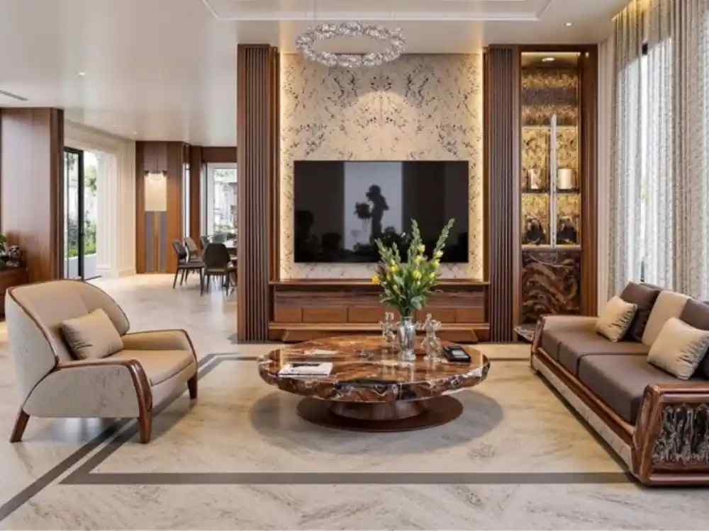 Không gian phòng khách sang trọng với tường ốp đá, nội thất gỗ tối màu và đèn trần pha lê tinh tế