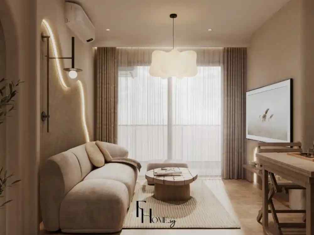 Không gian phòng khách Wabi Sabi hiện đại, bàn gỗ tròn, rèm voan sáng cạnh cửa kính