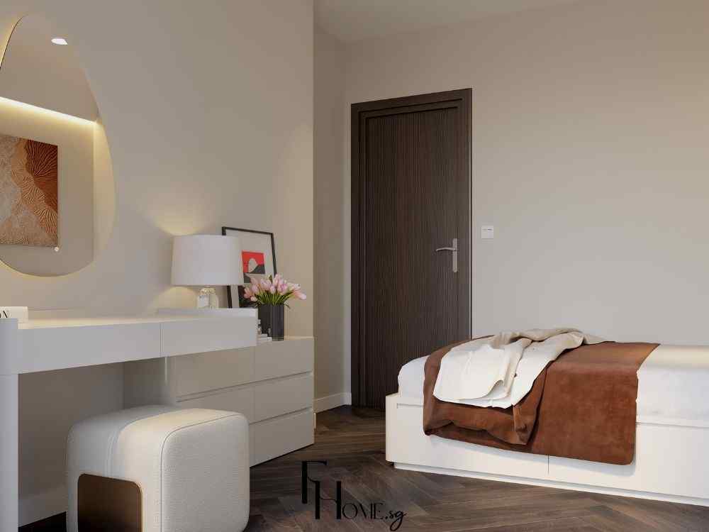 Không gian phòng ngủ hiện đại với giường phủ chăn nâu, bàn trang điểm