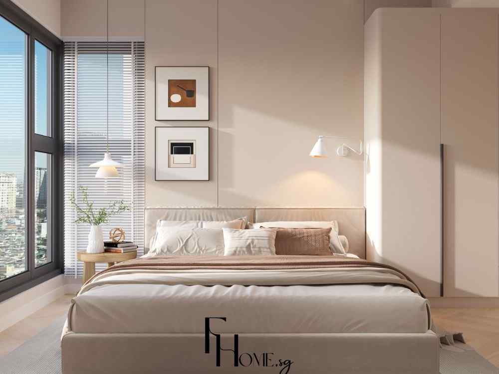 Không gian phòng ngủ Minimalism với giường bọc nệm kem, bàn đầu giường tròn