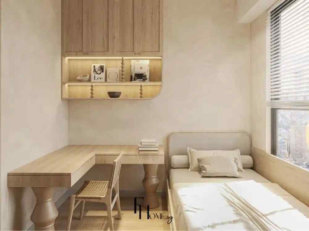 Không gian phòng ngủ tối giản với tông be sáng, bàn làm việc gỗ liền giường và kệ treo