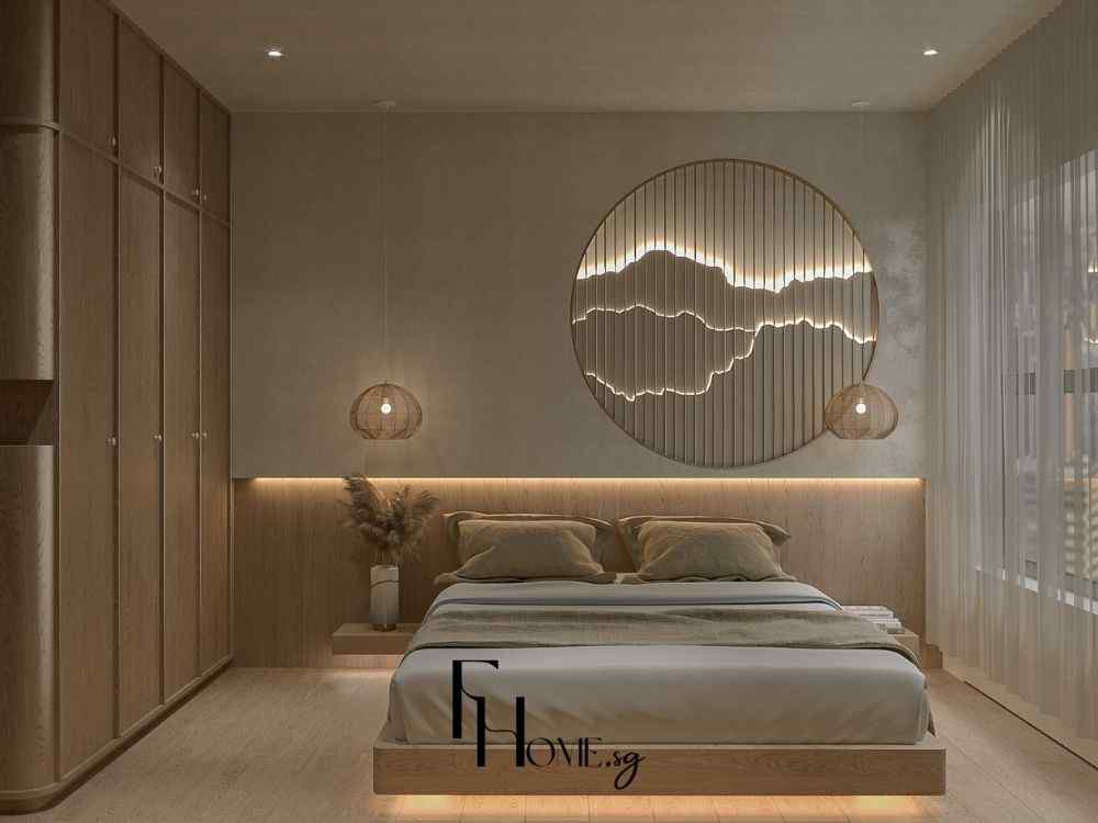Không gian phòng ngủ Zen ánh sáng dịu, giường gỗ nổi kết hợp đèn thả tre