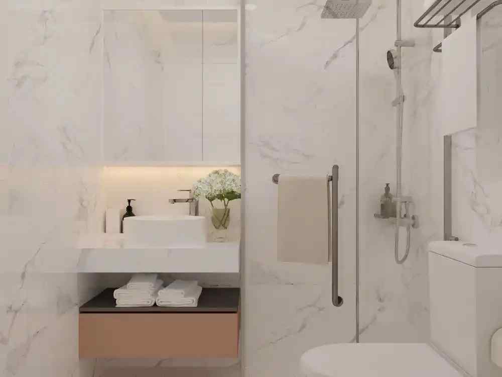 Không gian vệ sinh phong cách hiện đại kết hợp Wabi Sabi, điểm nhấn hoa khô và tranh nghệ thuật