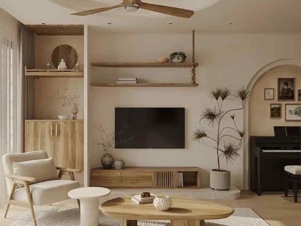 Không gian Wabi Sabi ấm áp với nội thất gỗ sáng, kệ TV tối giản, chậu cây và ghế bành nệm vải