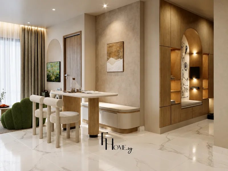 Khu ăn phong cách Wabi Sabi tại Vinhomes Grand Park do FHome Sài Gòn thiết kế có ghế olive bên tủ gỗ âm tường.