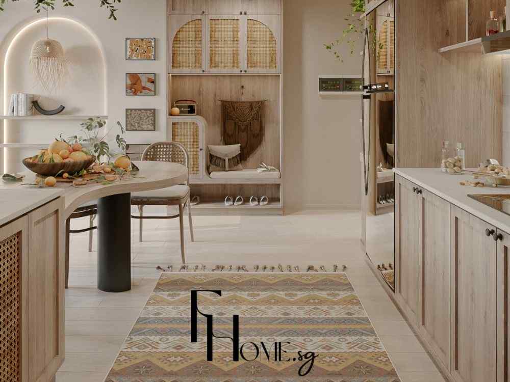 Khu bếp mở với đảo bàn cong, tủ gỗ sáng, đèn tre đan và thảm họa tiết