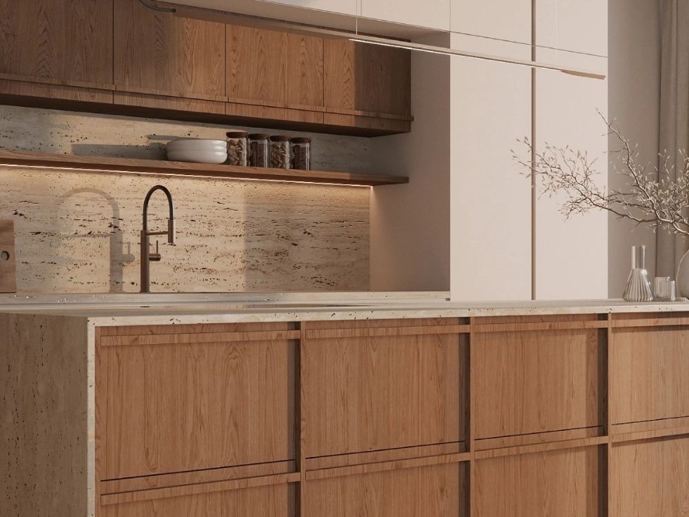 Khu vực bếp Japandi ấm áp, gỗ sồi kết hợp đá travertine