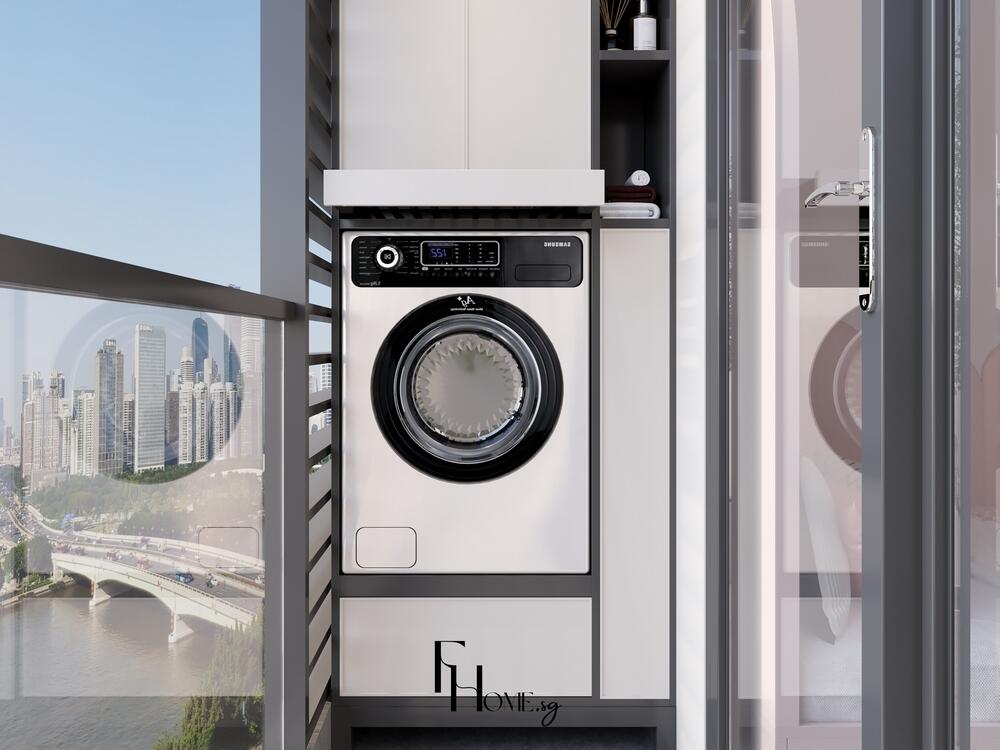 Khu vực giặt phơi tối giản với máy giặt cửa trước, kệ lưu trữ và lan can kính ngoài ban công