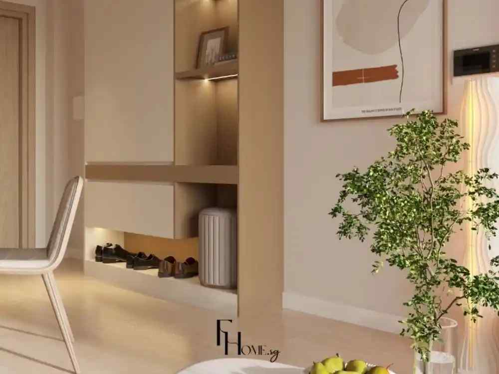 Khu vực lối vào nhà với tủ để giày âm tường tông be sáng, có kệ trưng bày tranh