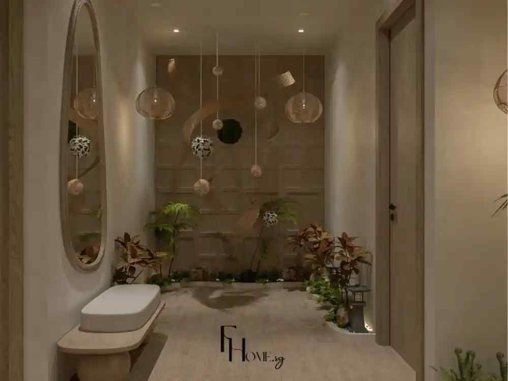 Lối đi trong nhà mang phong cách Nhật đương đại, tông màu gỗ và be trầm, hai bên có cây xanh