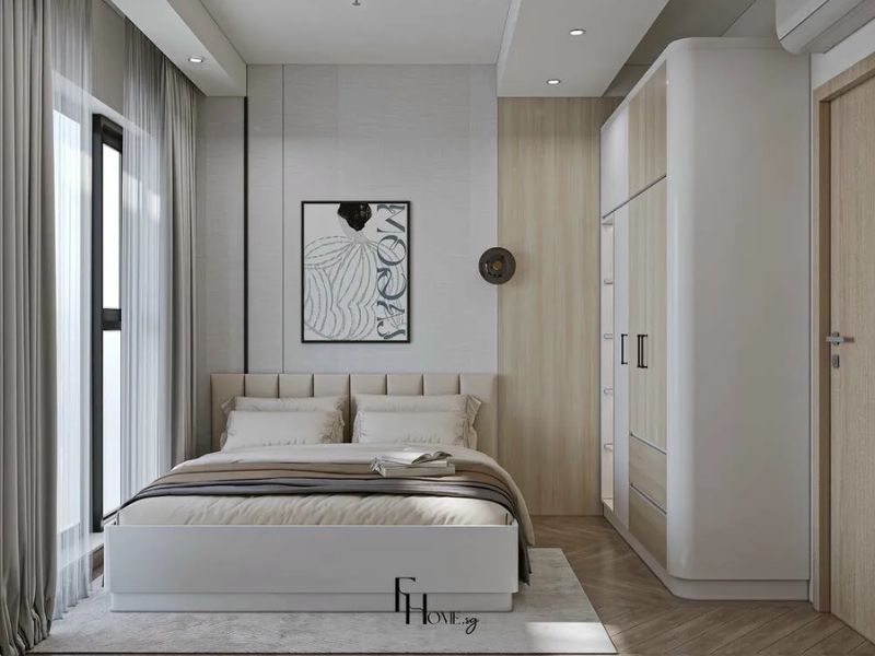 Lưu trữ ẩn thiết kế nội thất chung cư 65m2 tủ âm tường cánh trắng bo cong chạm trần kết hợp gỗ ốp tường phòng ngủ