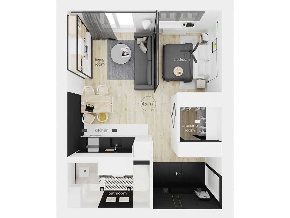 Mô hình thiết kế nội thất chung cư 45m2 với 1 phòng ngủ