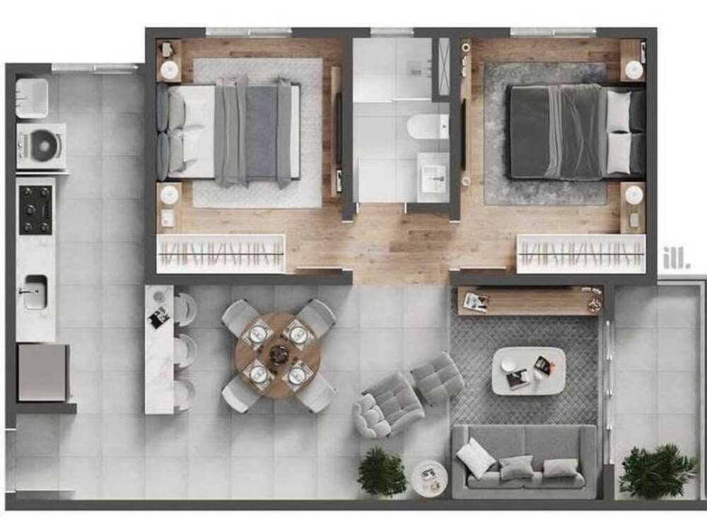 Mô hình thiết kế nội thất chung cư 45m2 với 2 phòng ngủ