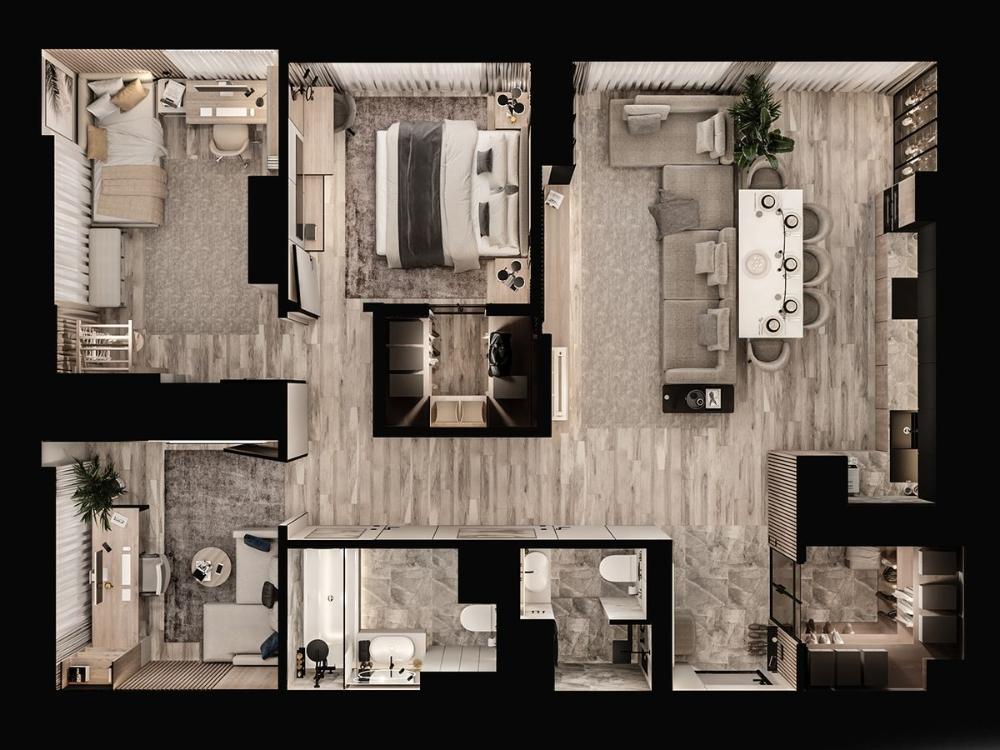 Mô hình thiết kế nội thất chung cư 100m2 2 phòng ngủ