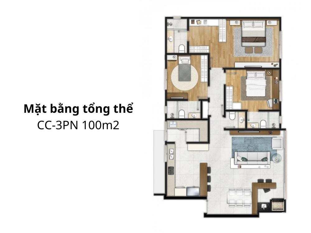 Mô hình thiết kế nội thất chung cư 100m2 3 phòng ngủ