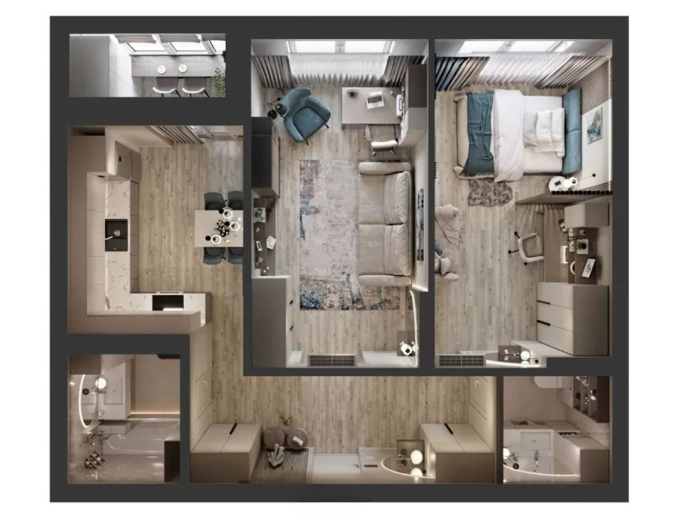 Mặt cắt nội thất chung cư 55m2 với 1 phòng ngủ