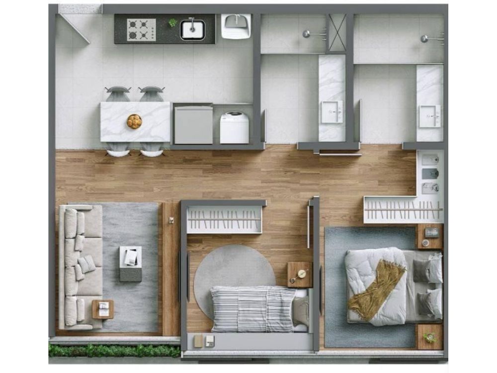 Mặt cắt nội thất chung cư 55m2 với 2 phòng ngủ